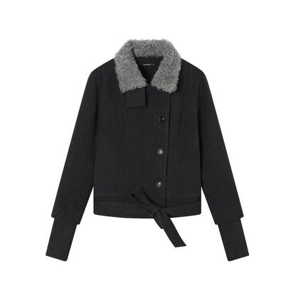 Dark jacket with fur collar, front product view
