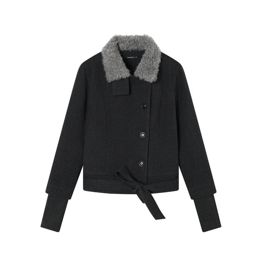 Dark jacket with fur collar, front product view
