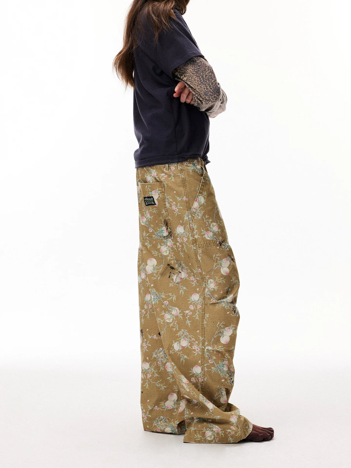 Distressed Floral Wide-Leg Cargo Pants