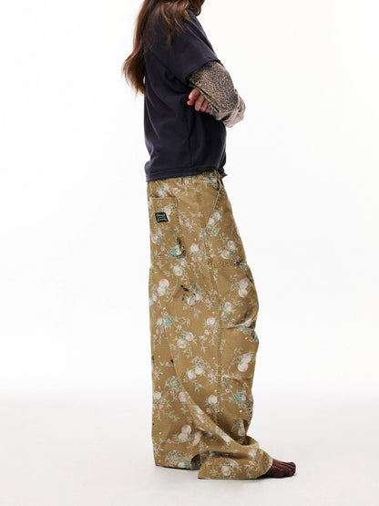Distressed Floral Wide-Leg Cargo Pants