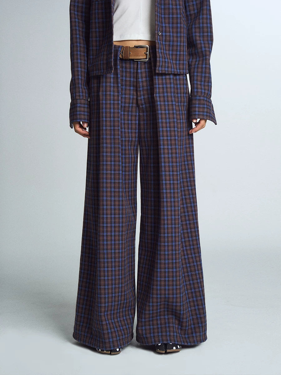 Blue Plaid Wide-Leg Trousers product view
