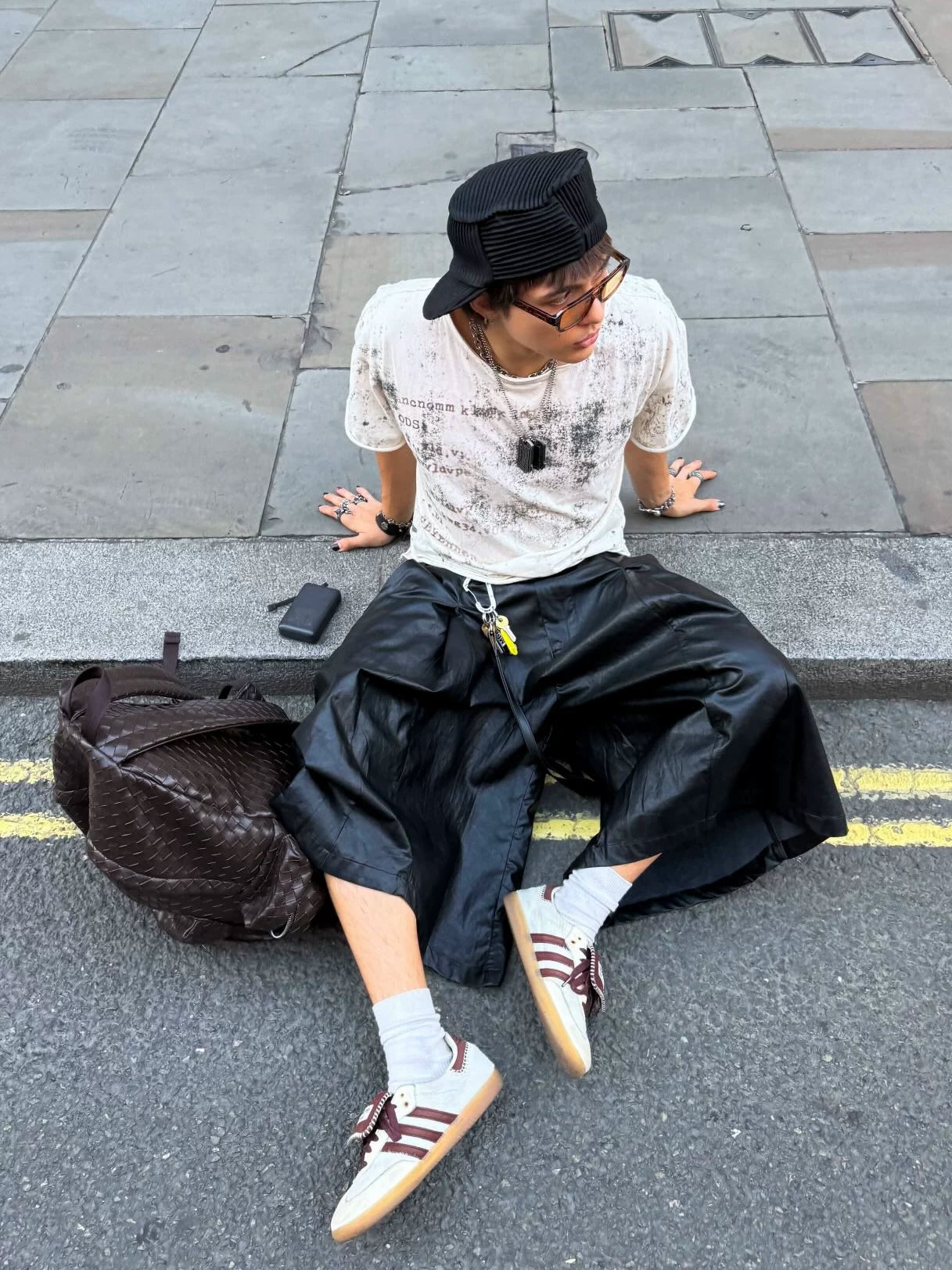 Unisex Black PU Leather Pleated Bermuda Shorts