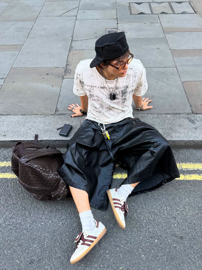 Unisex Black PU Leather Pleated Bermuda Shorts