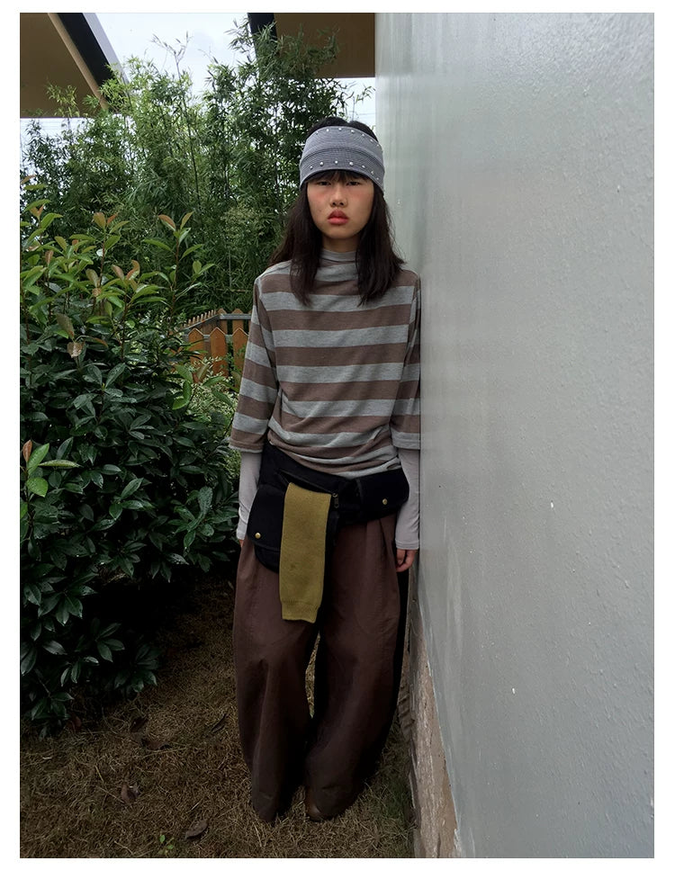 Brown Stripe Mock-Neck Three-Quarter Sleeve Tee
