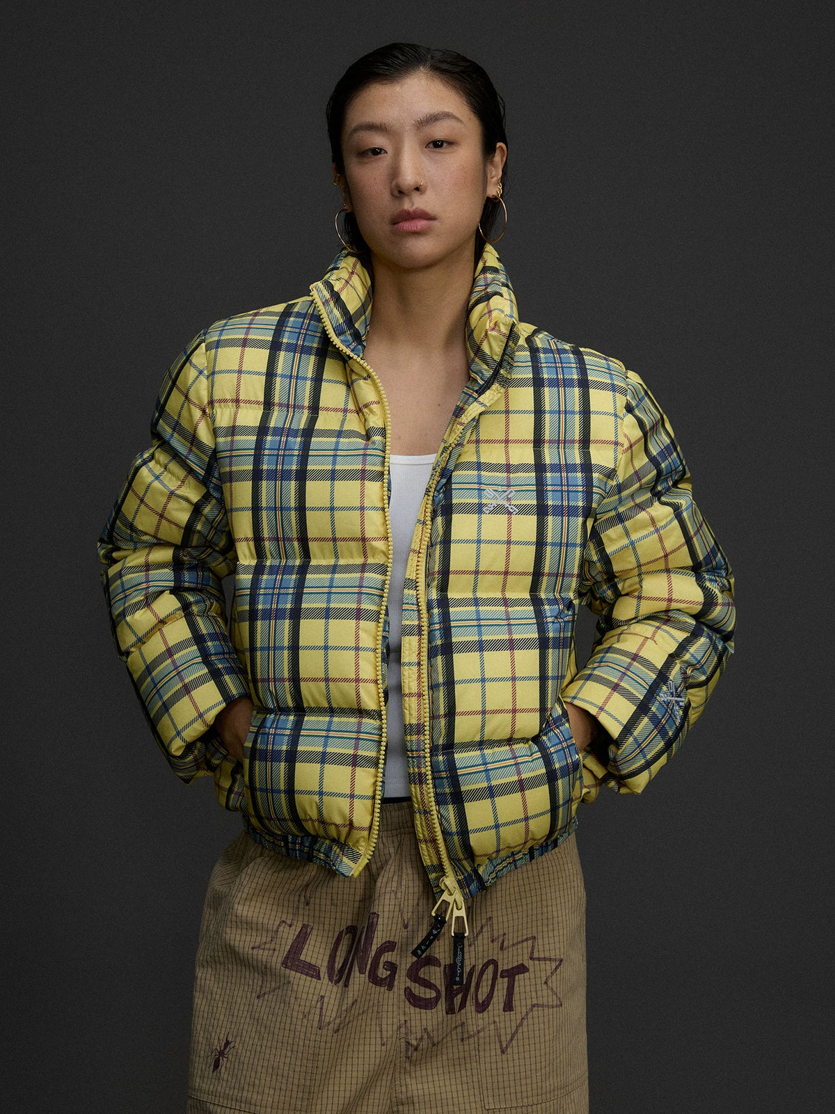 Yellow Plaid Hooded Puffer Jacket product photo, yellow plaid