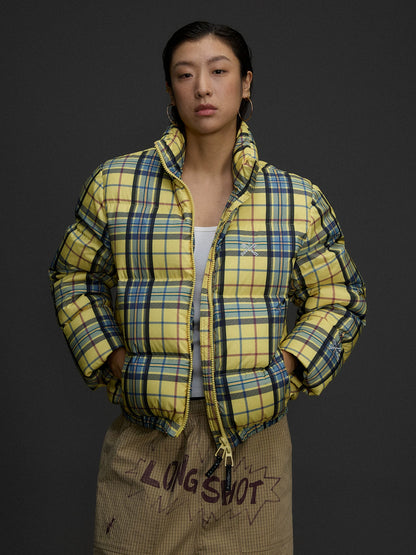 Yellow Plaid Hooded Puffer Jacket product photo, yellow plaid