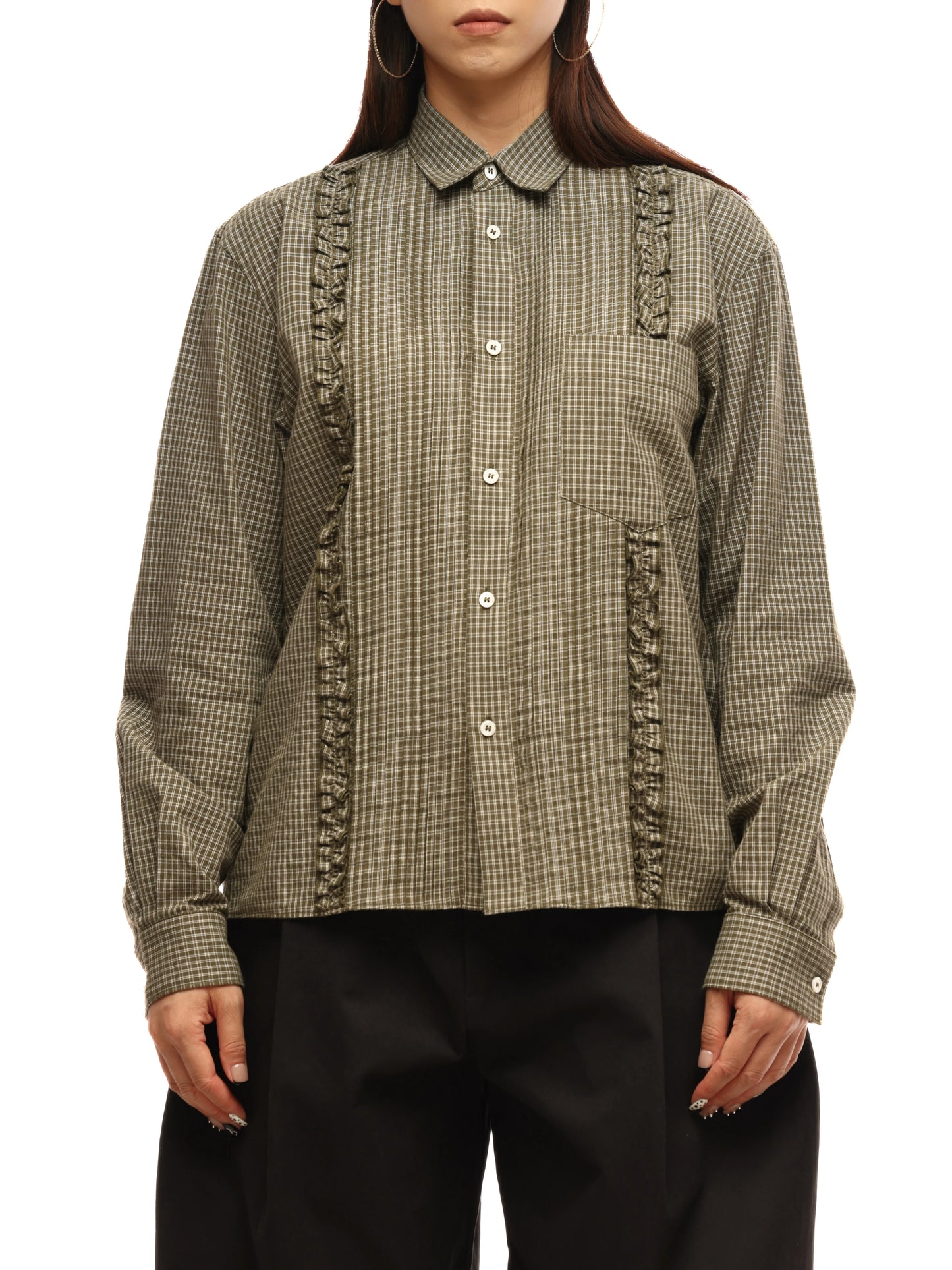 Vintage Olive Plaid Pleated Cotton Collared Shirt