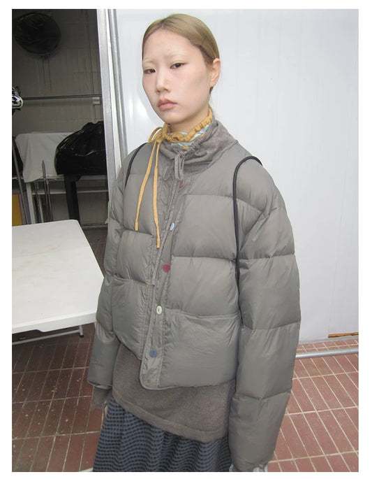 Grey Cropped Stand-Collar Down Jacket - view 1