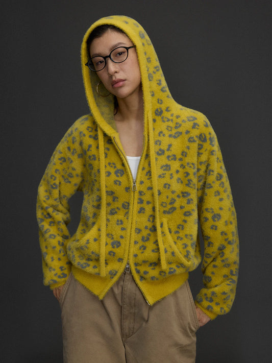 Sudadera con capucha de punto leopardo amarillo