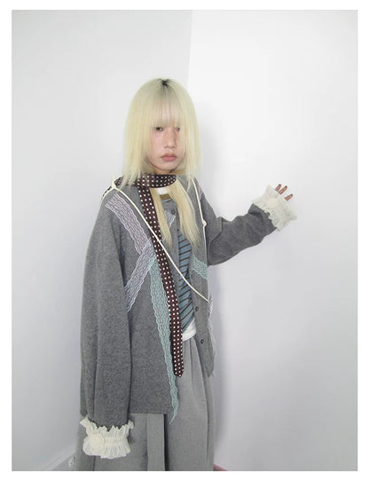 Grey Lace-Trim Ruffle Cuff Cardigan