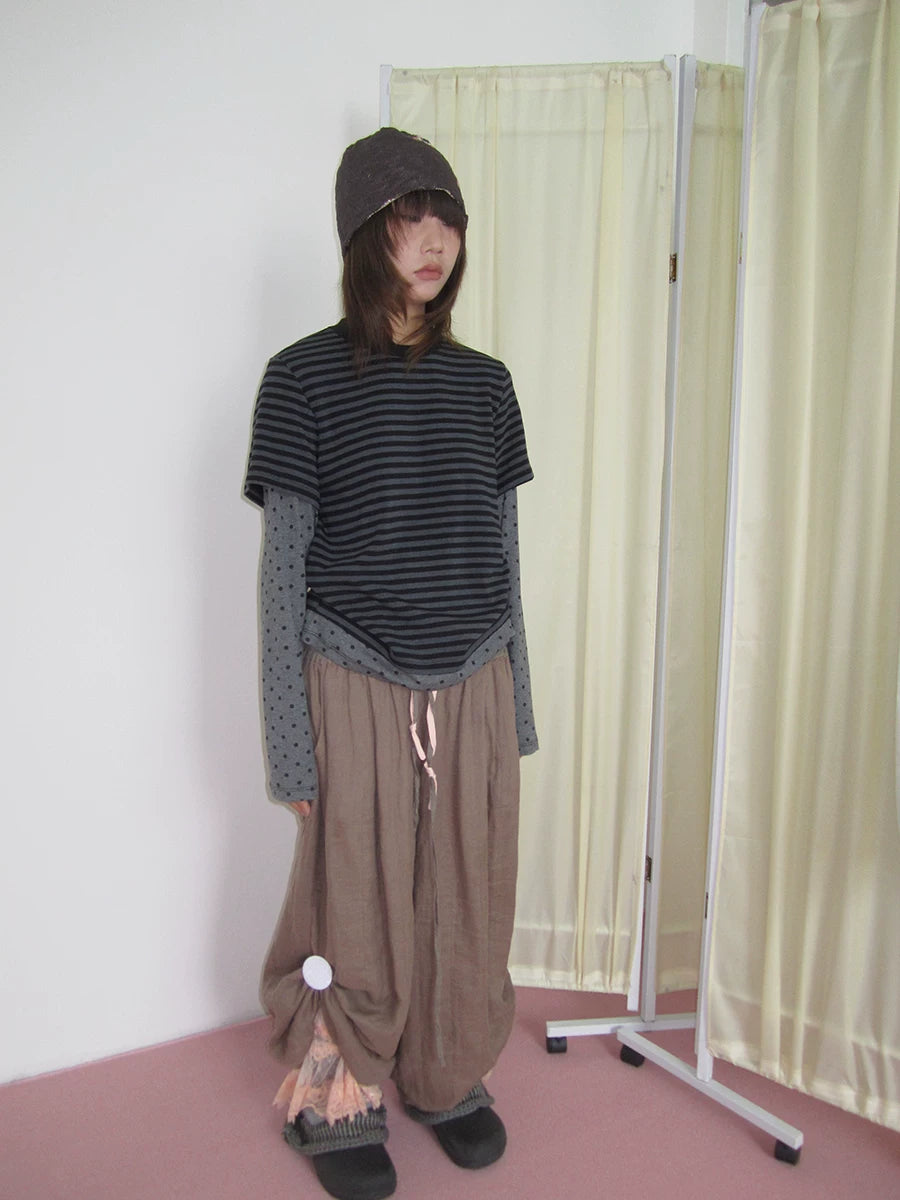 Grey Polka Dot Stripe Layered Long-Sleeve Tee