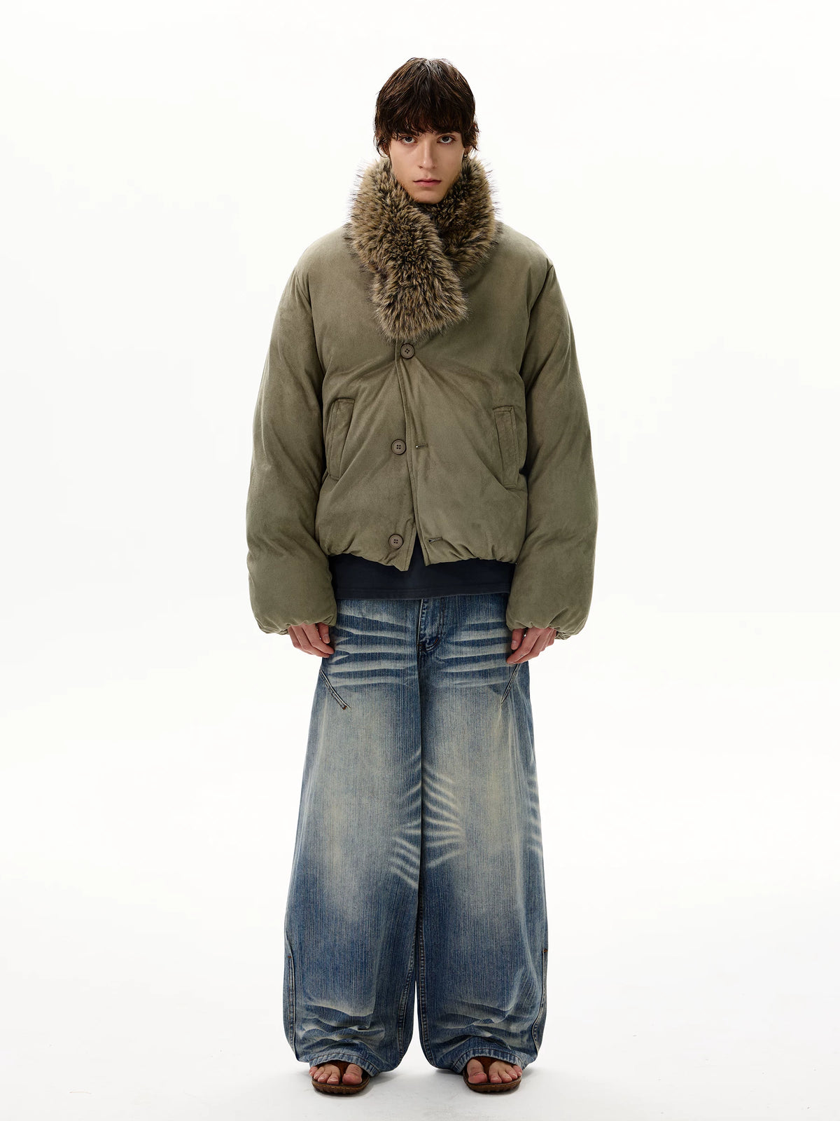 Olive padded jacket with detachable shaggy collar, full view