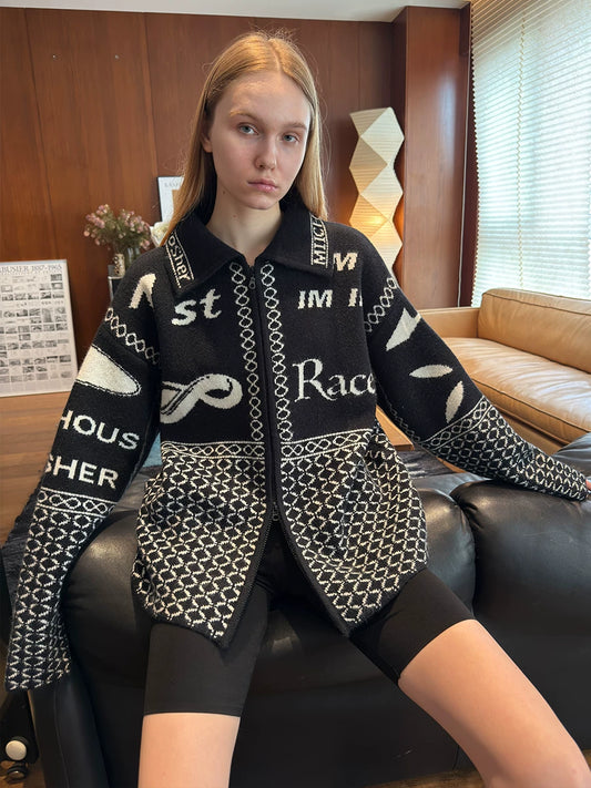 Black jacquard cardigan worn from the front
