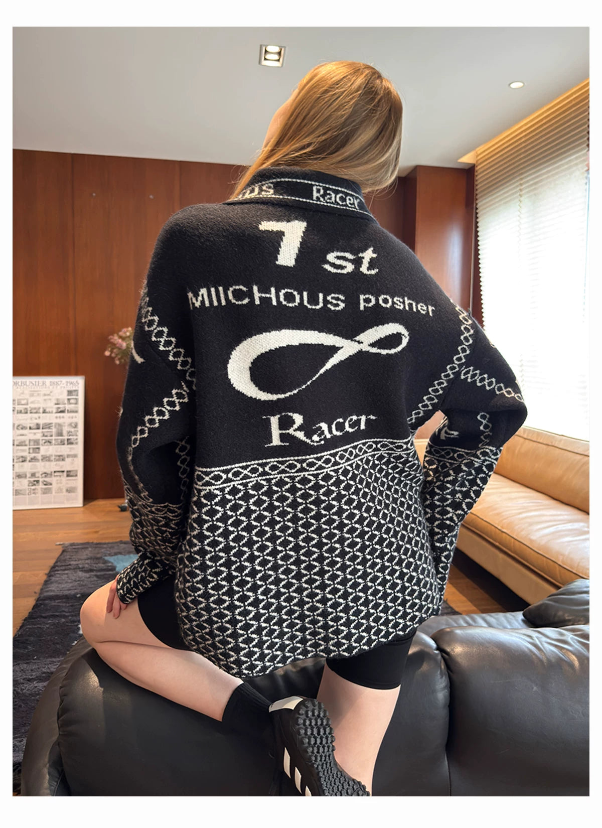 Back view of the black patterned cardigan