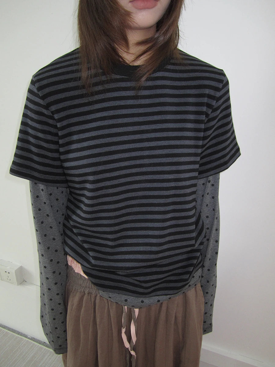 Grey Polka Dot Stripe Layered Long-Sleeve Tee