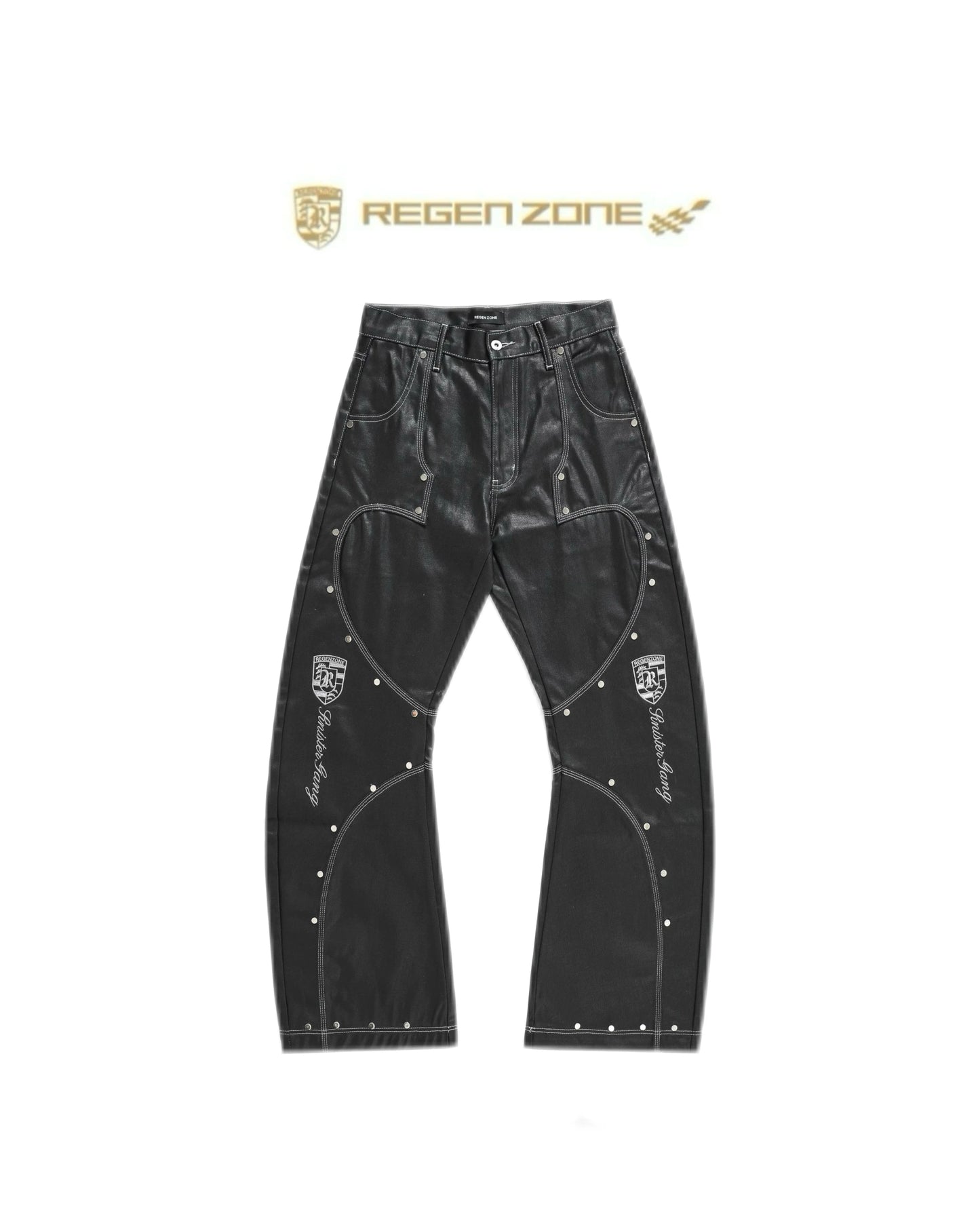 Racing Embroidered Studded Barrel Jeans