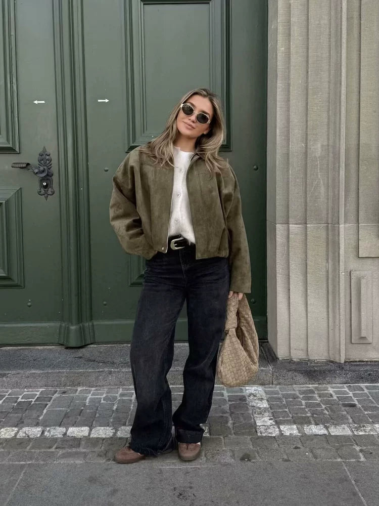 Relaxed Faux Suede Bomber Jacket