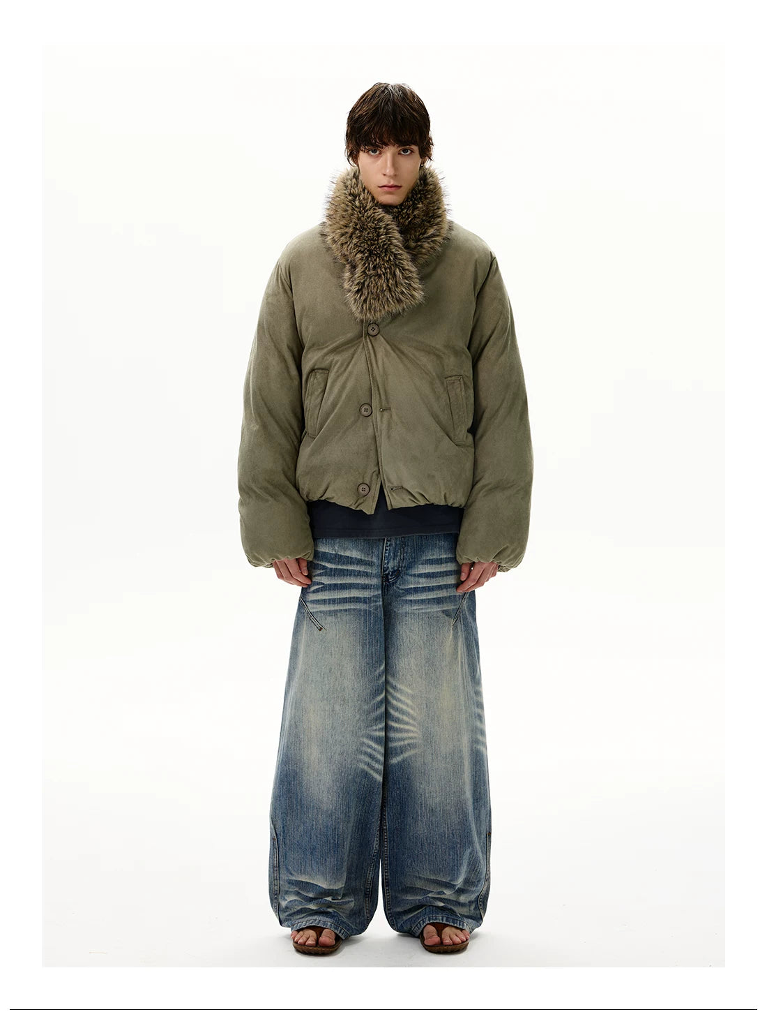Olive padded jacket with detachable shaggy collar, full view