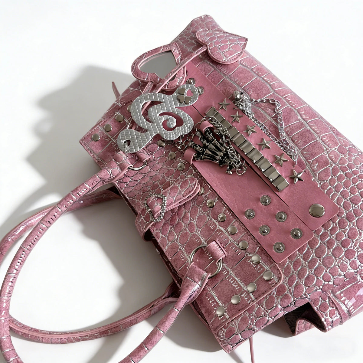Pink Crocodile-Embossed Tote Bag detail 4