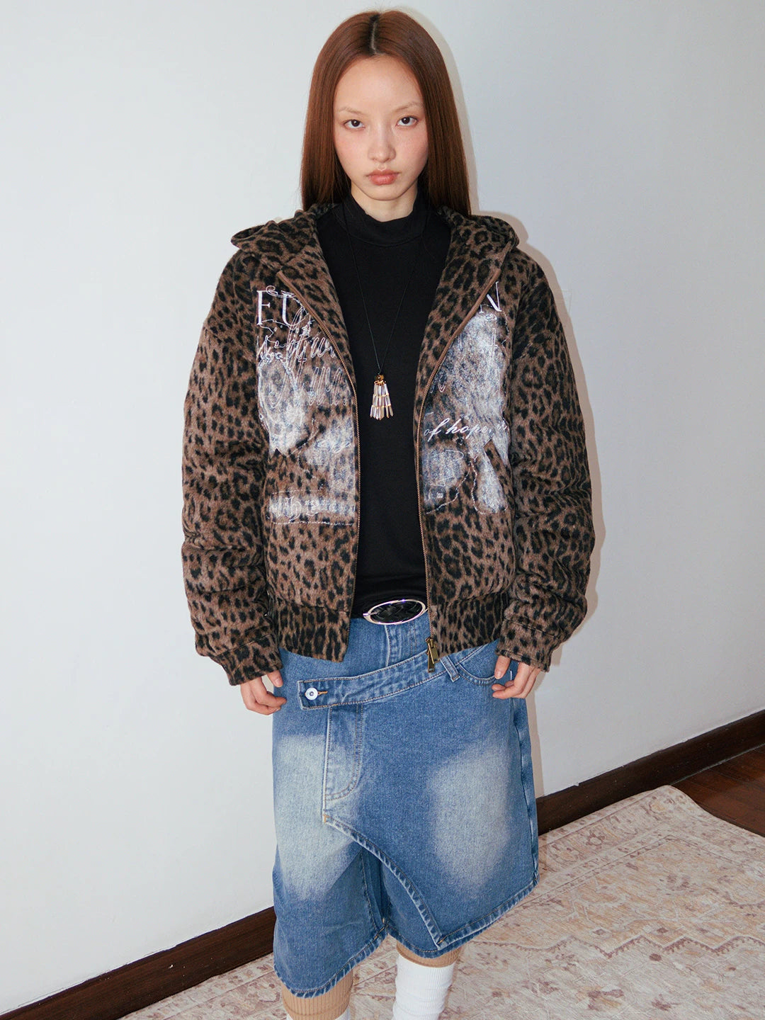Distressed Leopard Print Padded Hooded Jacket