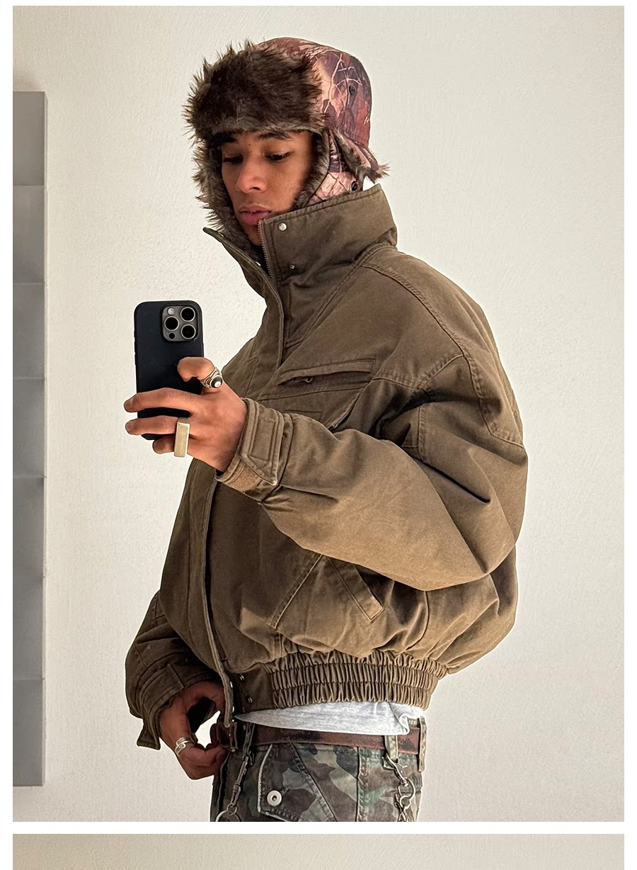 VLABMADE Distressed Faux-Fur Lined High-Collar Jacket