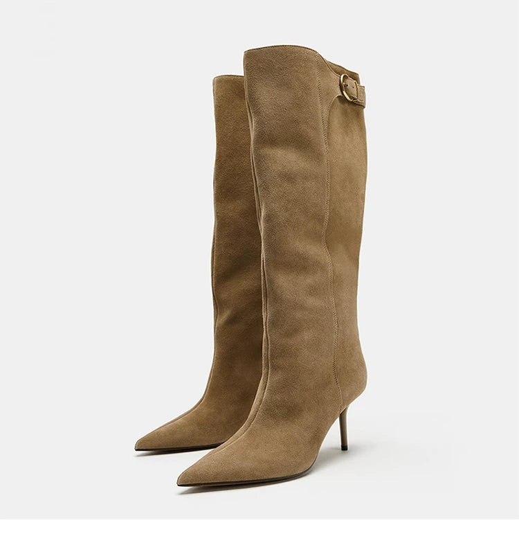 Women's Pointed Toe Buckle Knee-High Boots