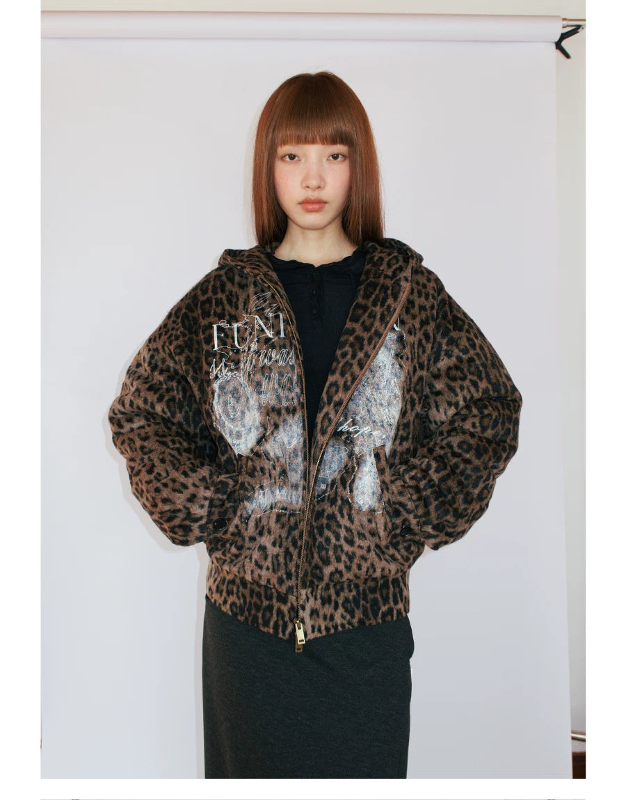 Distressed Leopard Print Padded Hooded Jacket portrait