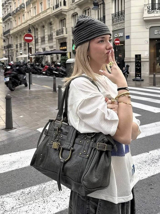 Vintage Studded Tote Bag on model