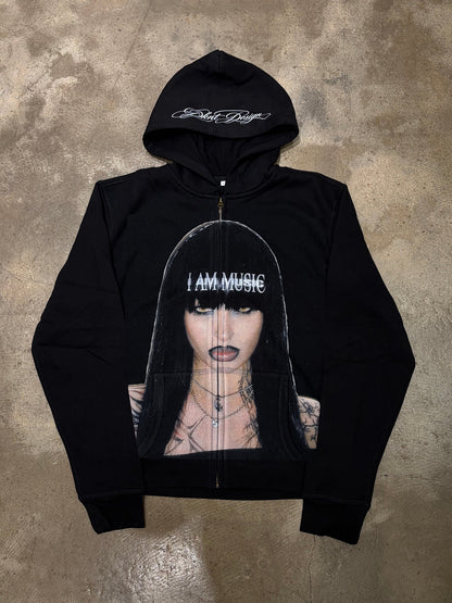 Graphic Fleece-Lined Zip Hoodie in black
