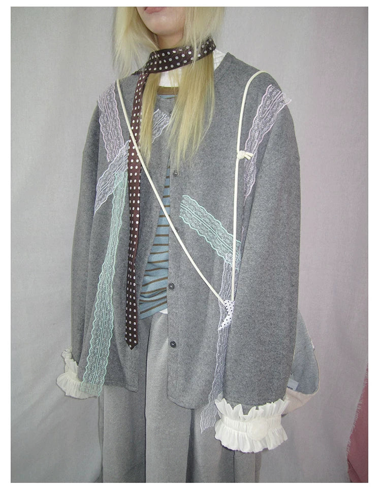 Grey Lace-Trim Ruffle Cuff Cardigan