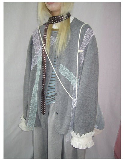 Grey Lace-Trim Ruffle Cuff Cardigan