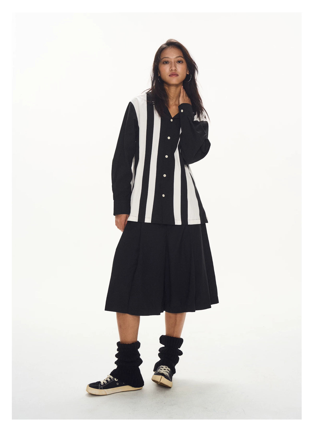 Contrast Stripe Button Up Shirt black and white front view