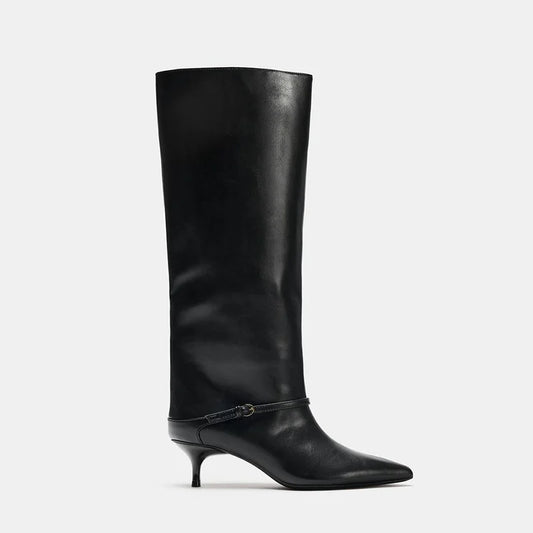 Women's Pointed Toe Kitten Heel Wide-Shaft Boots