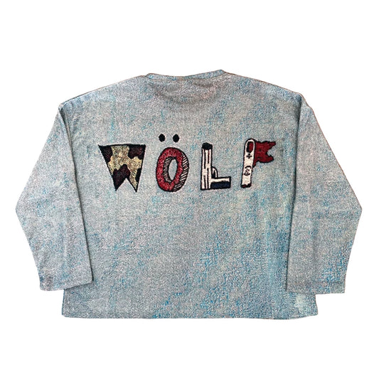 Back view of the portrait graphic long-sleeve top