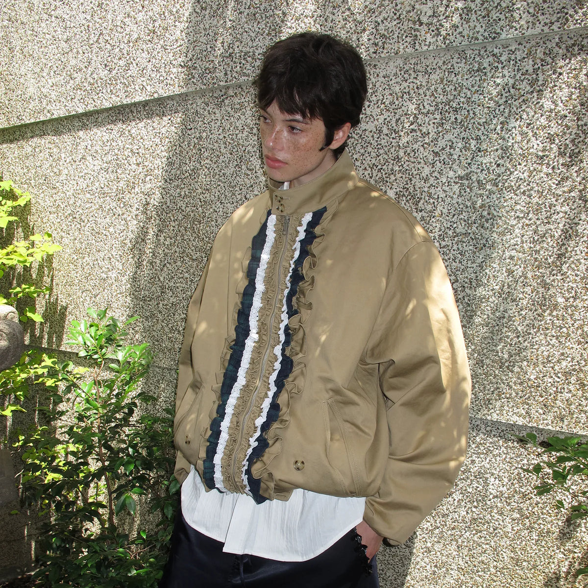 Ruffle-Trim Contrast Khaki Jacket