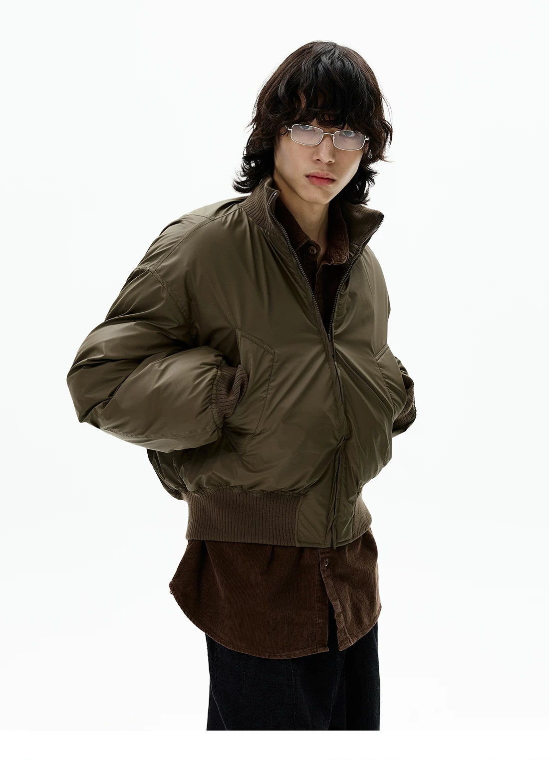 Khaki relaxed bomber jacket, front detail