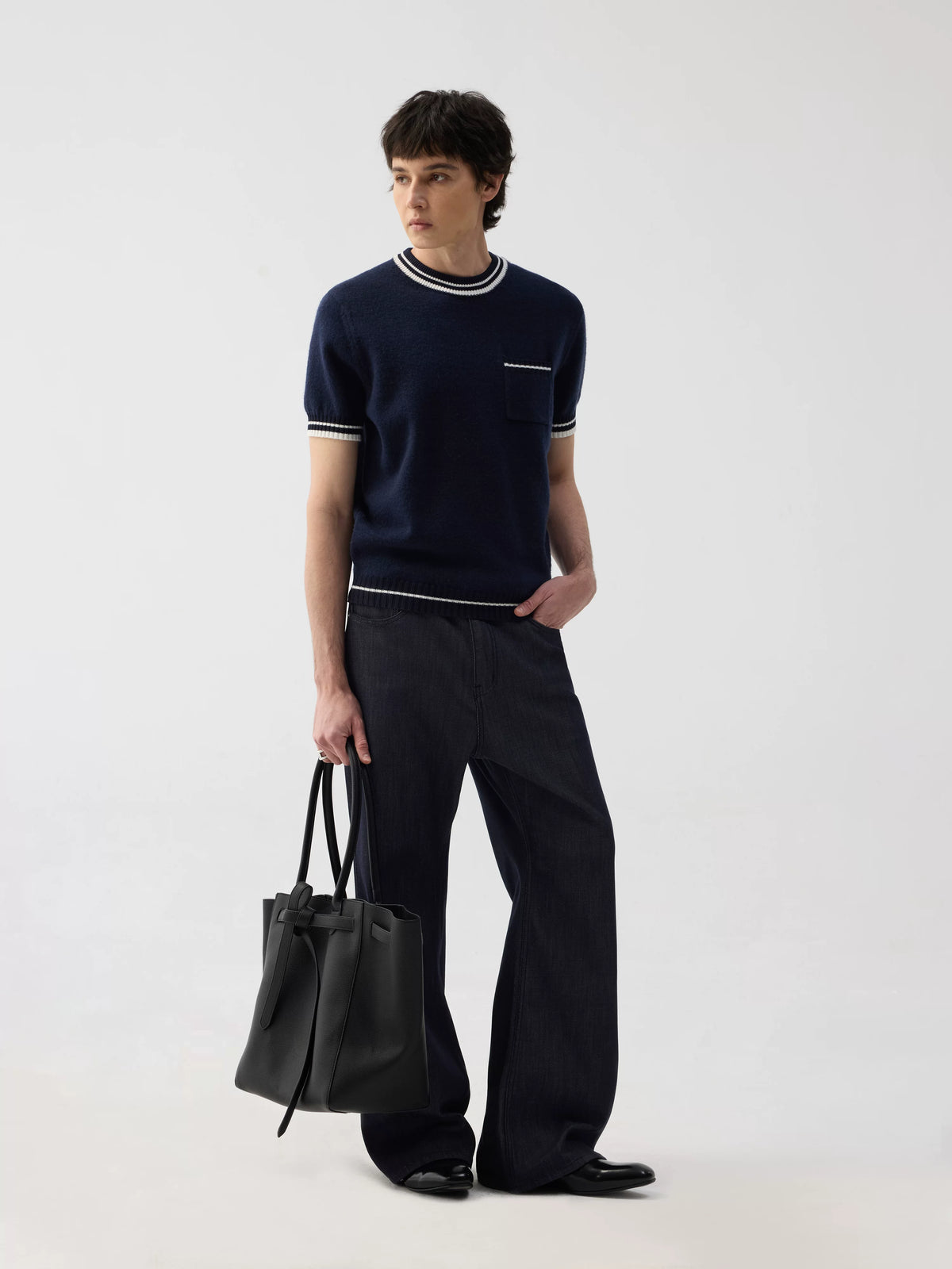 Contrast-Trim Knit Short-Sleeve Sweater
