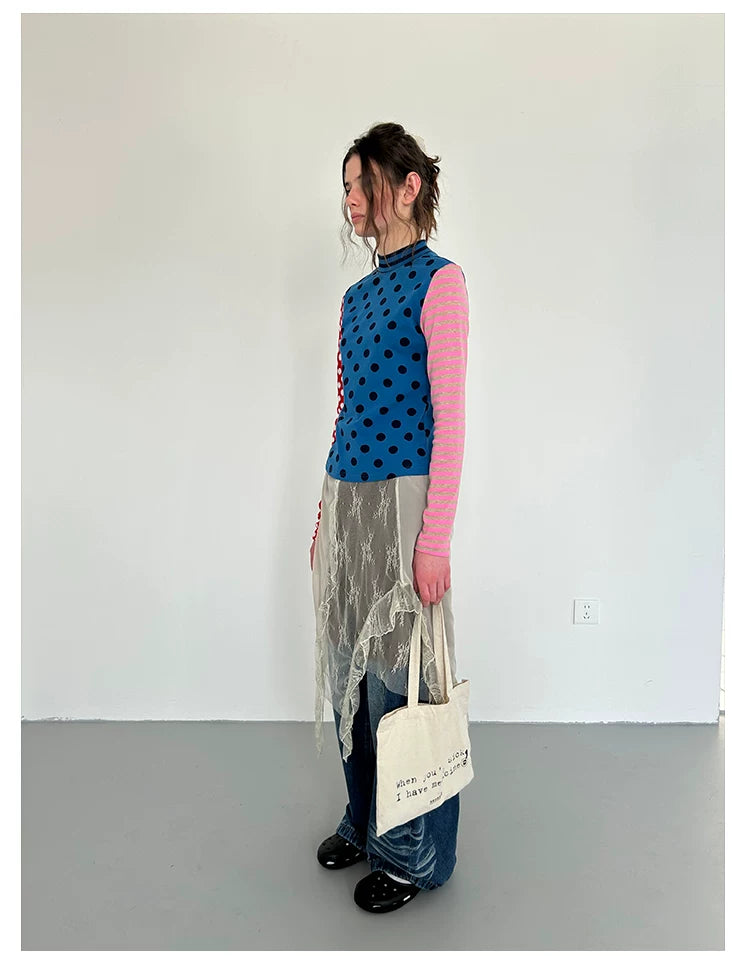 Blue Polka Dot Stripe Colorblock Long-Sleeve Tee