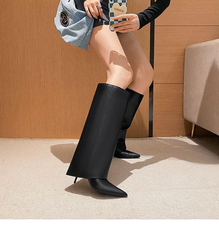 Women's Pointed Toe Stiletto Wide-Shaft Knee-High Boots