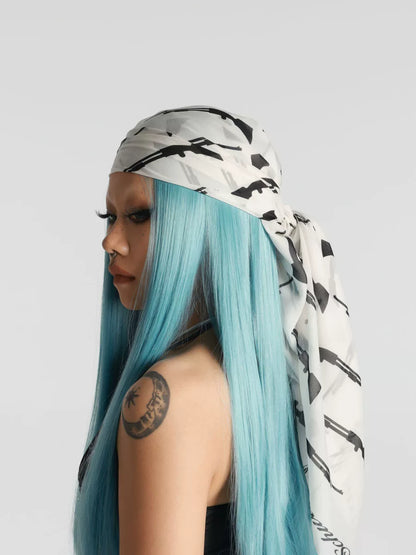 Black and White Rifle Print Multi-Way Scarf worn as a headscarf