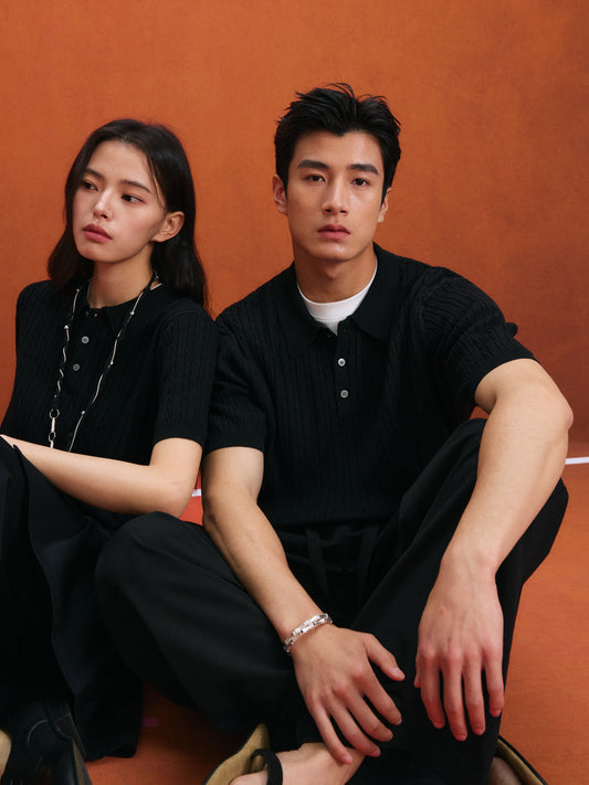 Relaxed Wool-Blend Cable Knit Polo Shirt