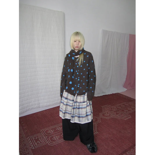 Brown Polka-Dot Knit Cardigan with Scarf - view 1