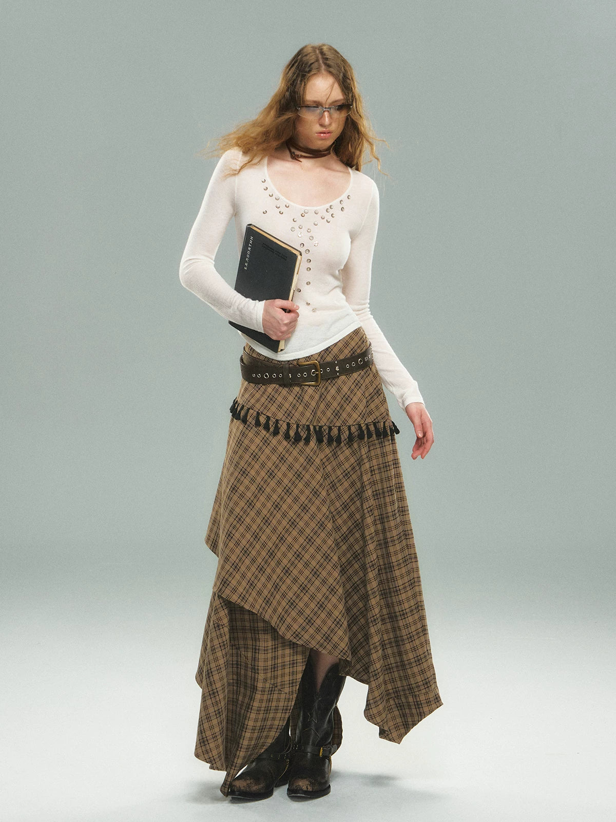 Asymmetric Plaid Maxi Skirt