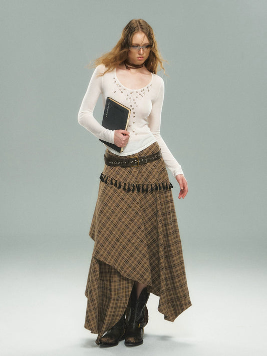 Asymmetric Plaid Maxi Skirt