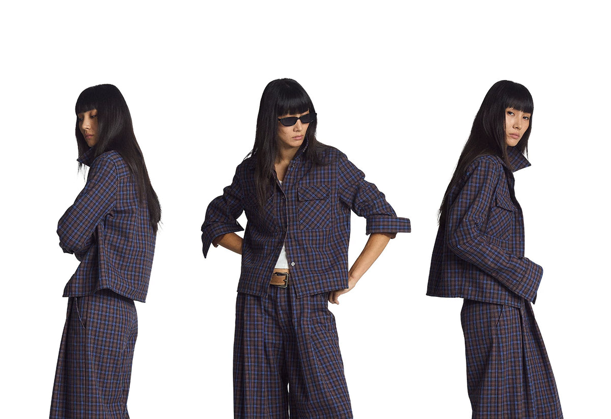 Blue Plaid Wide-Leg Trousers product view