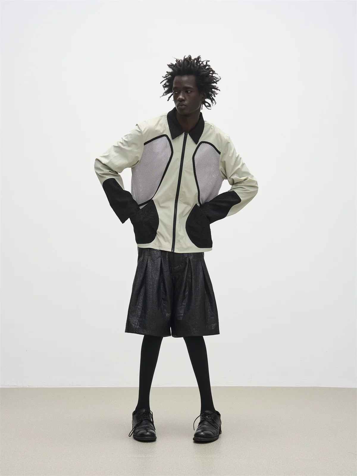 7440 37 1 Textured Nylon Mesh Panel Collared Jacket