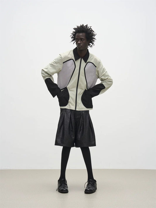 7440 37 1 Textured Nylon Mesh Panel Collared Jacket