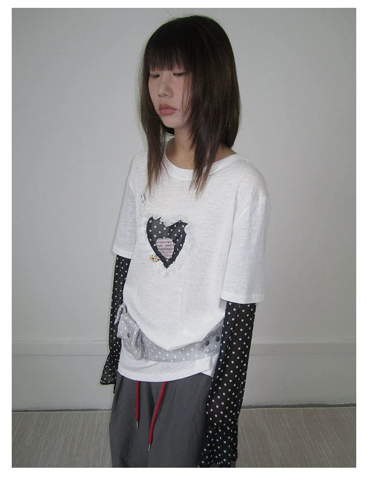 Heart Applique Polka Dot Long Sleeve Tee