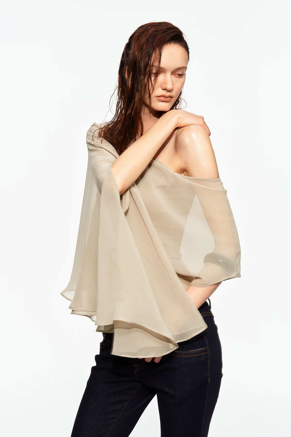 Matte Chiffon One-Shoulder Layered Cape Top
