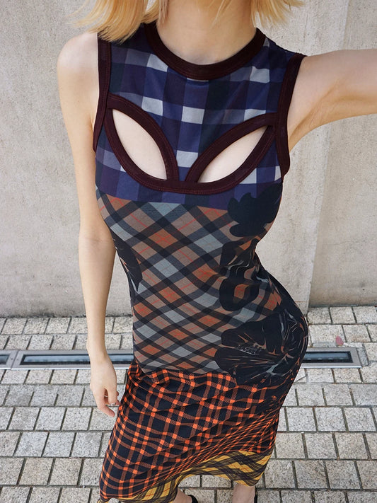 TropicEye Plaid Mesh Sleeveless Long Dress
